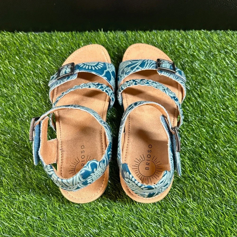 Brioso Tooled Leather Sandals Womens 8.5 Blue Floral Braided Strap Wedge